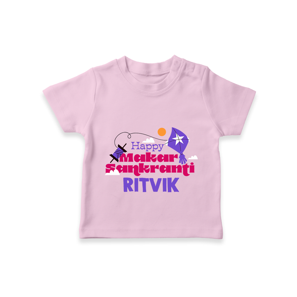 Happy Makar Sankranti | Personalised T-Shirt with Name - BABY PINK - 0-5 Months Old (Chest 17")