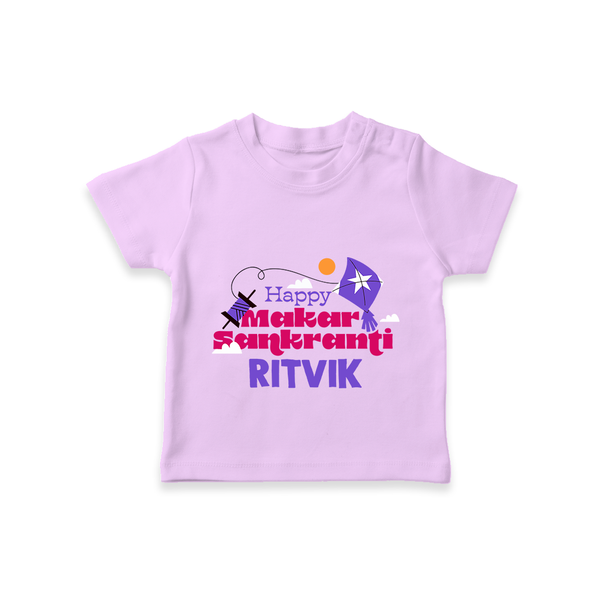 Happy Makar Sankranti | Personalised T-Shirt with Name - LILAC - 0-5 Months Old (Chest 17")