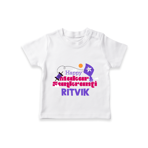 Happy Makar Sankranti | Personalised T-Shirt with Name - WHITE - 0-5 Months Old (Chest 17")