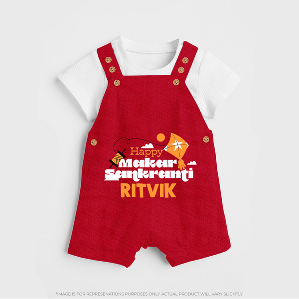 Happy Makar Sankranti | Personalised Dungaree with Name - RED - 0 - 5 Months Old (Chest 18")