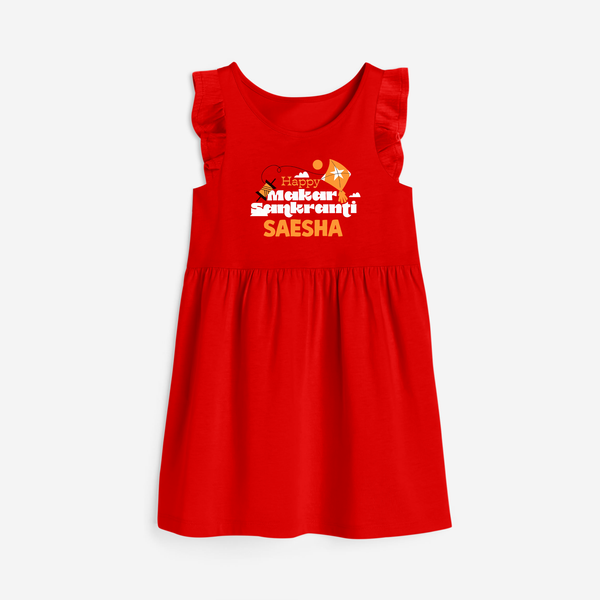 Happy Makar Sankranti | Personalised Frock with Name - RED - 1 - 2 Years Old (Chest 22" , Full Length 22")