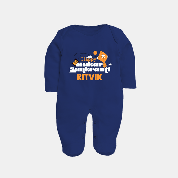 Happy Makar Sankranti | Personalised FullBody Suit with Name - NAVY BLUE - New Born (Chest 7.5")