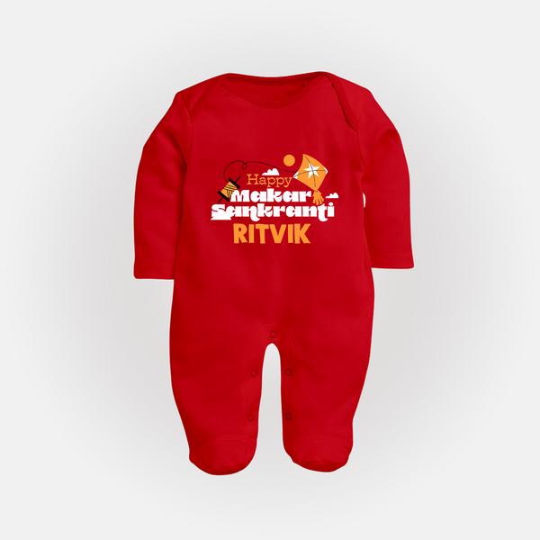 Happy Makar Sankranti | Personalised FullBody Suit with Name - RED - New Born (Chest 7.5")