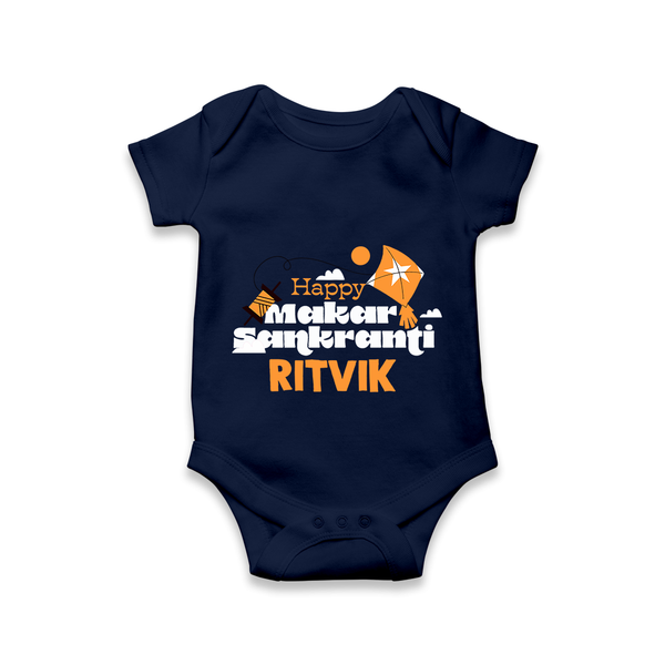 Happy Makar Sankranti | Personalised Romper with Name - NAVY BLUE - New Born (Chest 14")