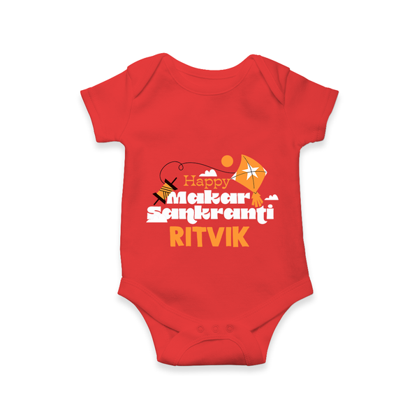 Happy Makar Sankranti | Personalised Romper with Name - RED - New Born (Chest 14")