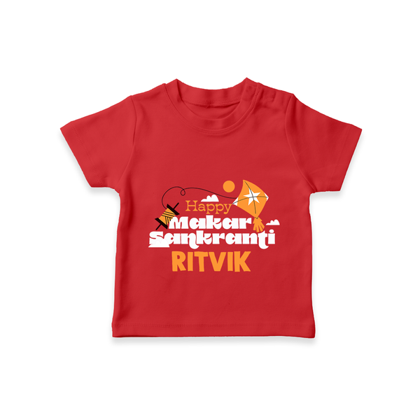 Happy Makar Sankranti | Personalised T-Shirt with Name - RED - 0-5 Months Old (Chest 17")