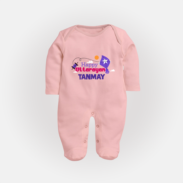 Happy Uttarayan | Personalised FullBody Suit with Name - BABY PINK - New Born (Chest 7.5")
