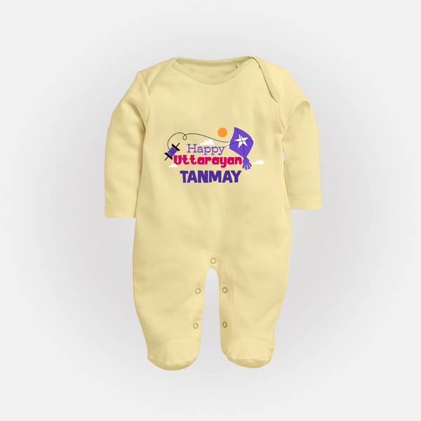 Happy Uttarayan | Personalised FullBody Suit with Name - PASTEL YELLOW - New Born (Chest 7.5")