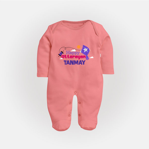 Happy Uttarayan | Personalised FullBody Suit with Name - PEACH - New Born (Chest 7.5")