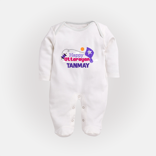 Happy Uttarayan | Personalised FullBody Suit with Name - WHITE - New Born (Chest 7.5")