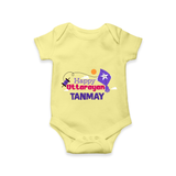Happy Uttarayan | Personalised Romper with Name - PASTEL YELLOW - New Born (Chest 14")