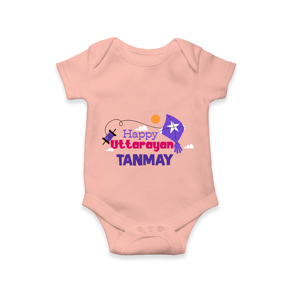 Happy Uttarayan | Personalised Romper with Name - PEACH - New Born (Chest 14")
