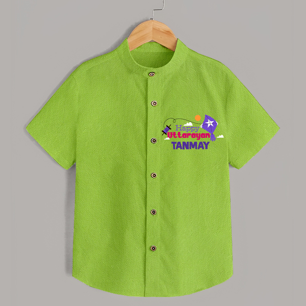 Happy Uttarayan | Personalised Shirt with Name - LIME GREEN - 0 - 6 Months Old (Chest 23")
