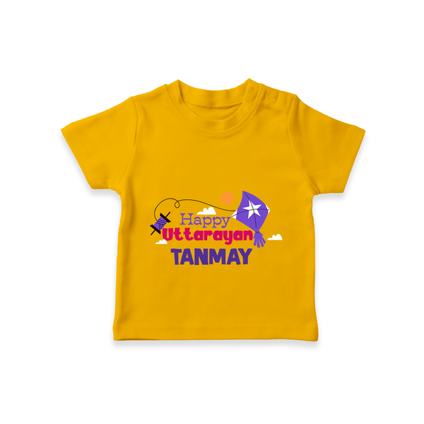 Happy Uttarayan | Personalised T-Shirt with Name - CHROME YELLOW - 0-5 Months Old (Chest 17")