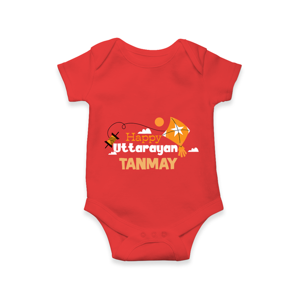 Happy Uttarayan | Personalised Romper with Name - RED - New Born (Chest 14")