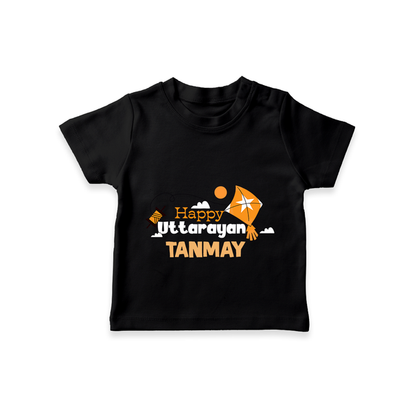 Happy Uttarayan | Personalised T-Shirt with Name - BLACK - 0-5 Months Old (Chest 17")