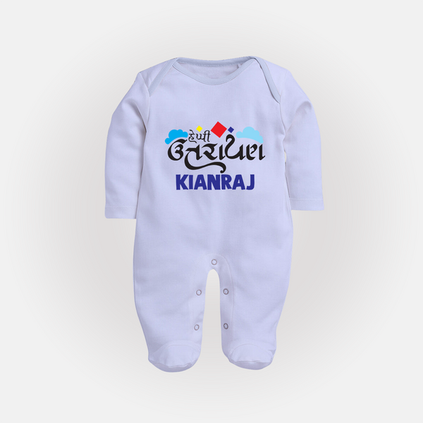 Happy Uttarayan | Customized FullBody Suit with Name - BABY BLUE - New Born (Chest 7.5")