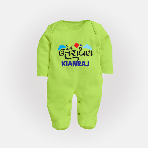 Happy Uttarayan | Customized FullBody Suit with Name - LIME GREEN - New Born (Chest 7.5")