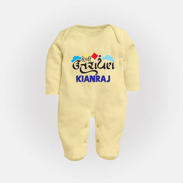 Happy Uttarayan | Customized FullBody Suit with Name - PASTEL YELLOW - New Born (Chest 7.5")