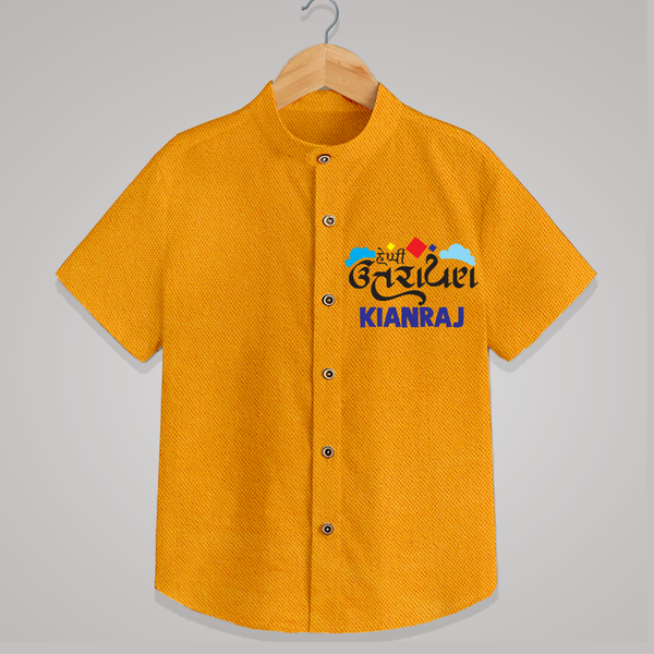 Happy Uttarayan | Customized Shirt with Name - CHROME YELLOW - 0 - 6 Months Old (Chest 23")