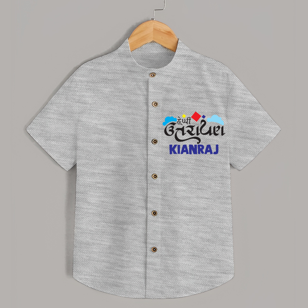 Happy Uttarayan | Customized Shirt with Name - GREY - 0 - 6 Months Old (Chest 23")