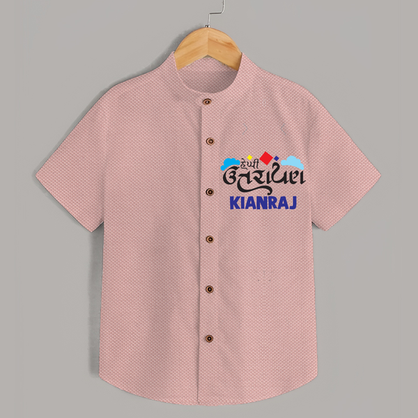 Happy Uttarayan | Customized Shirt with Name - PEACH - 0 - 6 Months Old (Chest 23")