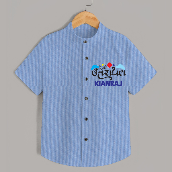 Happy Uttarayan | Customized Shirt with Name - SKY BLUE - 0 - 6 Months Old (Chest 23")