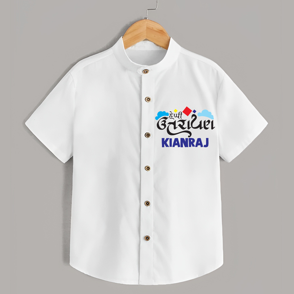 Happy Uttarayan | Customized Shirt with Name - WHITE - 0 - 6 Months Old (Chest 23")