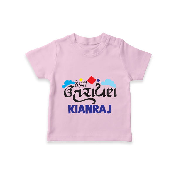 Happy Uttarayan | Customized T-Shirt with Name - BABY PINK - 0-5 Months Old (Chest 17")