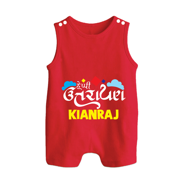 Happy Uttarayan | Customized Romper suit with Name - RED - 0 - 5 Months Old (Chest 18")