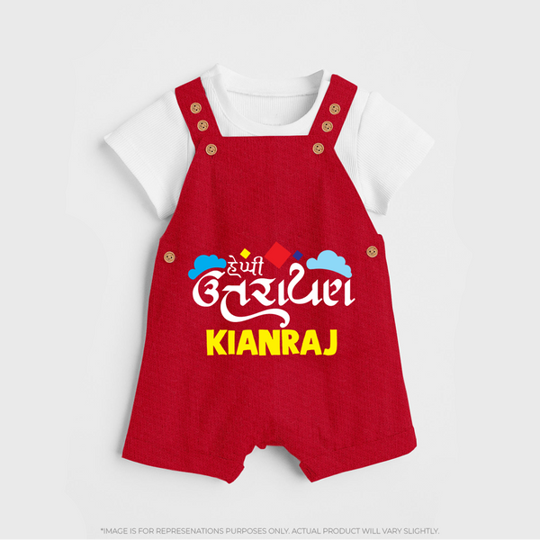 Happy Uttarayan | Customized Dungaree with Name - RED - 0 - 5 Months Old (Chest 18")