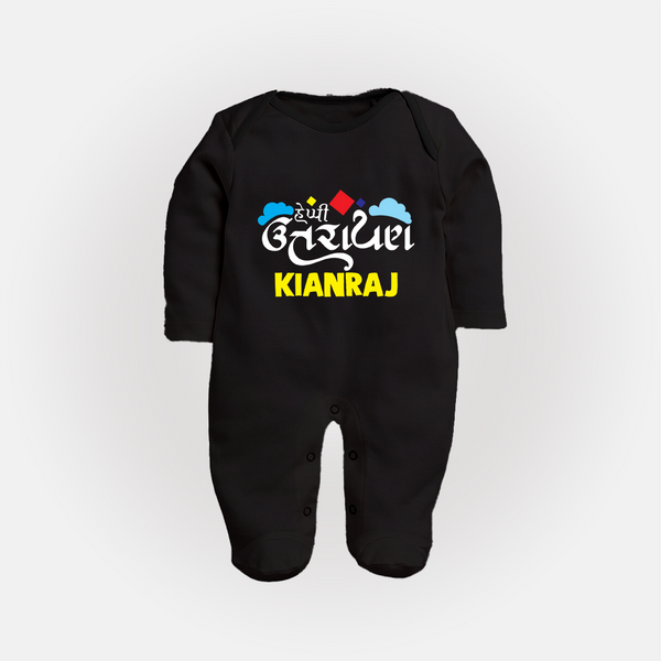 Happy Uttarayan | Customized FullBody Suit with Name - BLACK - New Born (Chest 7.5")
