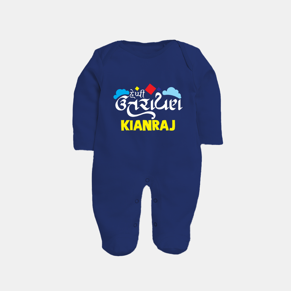 Happy Uttarayan | Customized FullBody Suit with Name - NAVY BLUE - New Born (Chest 7.5")