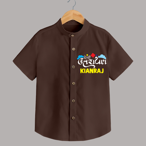 Happy Uttarayan | Customized Shirt with Name - CHOCOLATE BROWN - 0 - 6 Months Old (Chest 23")