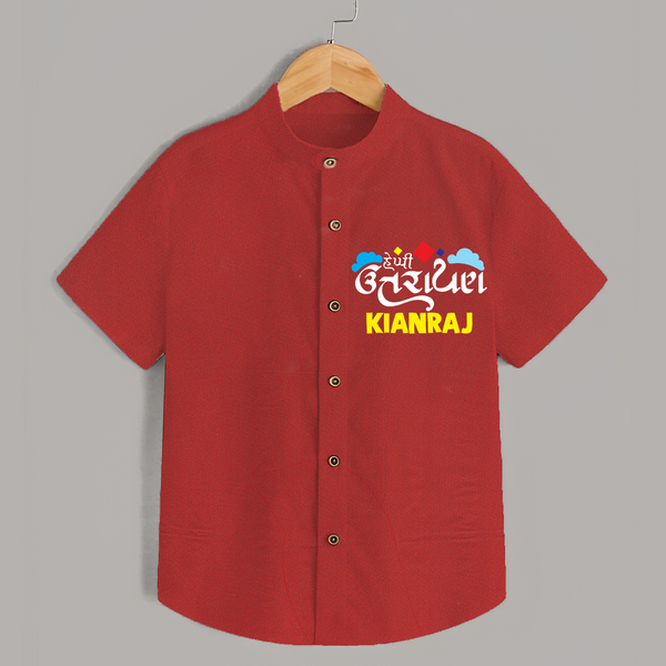 Happy Uttarayan | Customized Shirt with Name - RED - 0 - 6 Months Old (Chest 23")