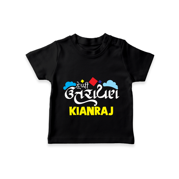 Happy Uttarayan | Customized T-Shirt with Name - BLACK - 0-5 Months Old (Chest 17")