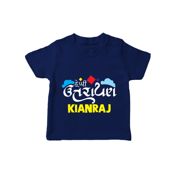 Happy Uttarayan | Customized T-Shirt with Name - NAVY BLUE - 0-5 Months Old (Chest 17")