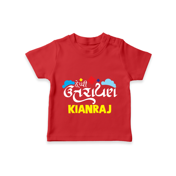 Happy Uttarayan | Customized T-Shirt with Name - RED - 0-5 Months Old (Chest 17")