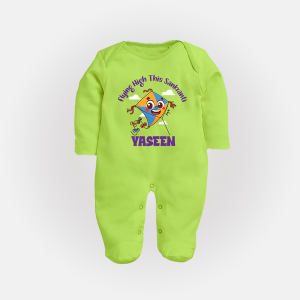Flying High this sankranti | Customized FullBody Suit with Name - LIME GREEN - New Born (Chest 7.5")
