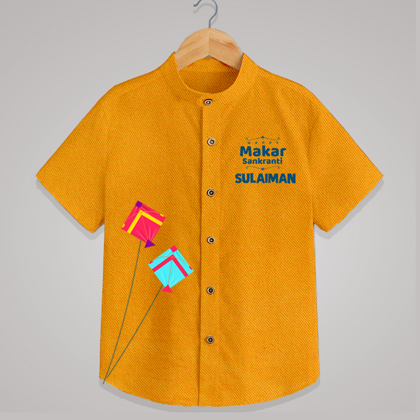 Happy Makar Sankranti | Customized Shirt with Name - CHROME YELLOW - 0 - 6 Months Old (Chest 23")