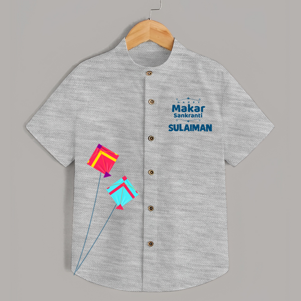 Happy Makar Sankranti | Customized Shirt with Name - GREY - 0 - 6 Months Old (Chest 23")
