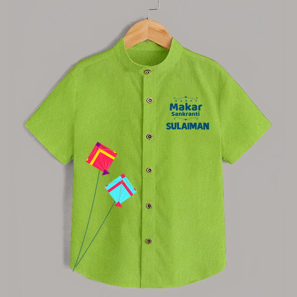Happy Makar Sankranti | Customized Shirt with Name - LIME GREEN - 0 - 6 Months Old (Chest 23")