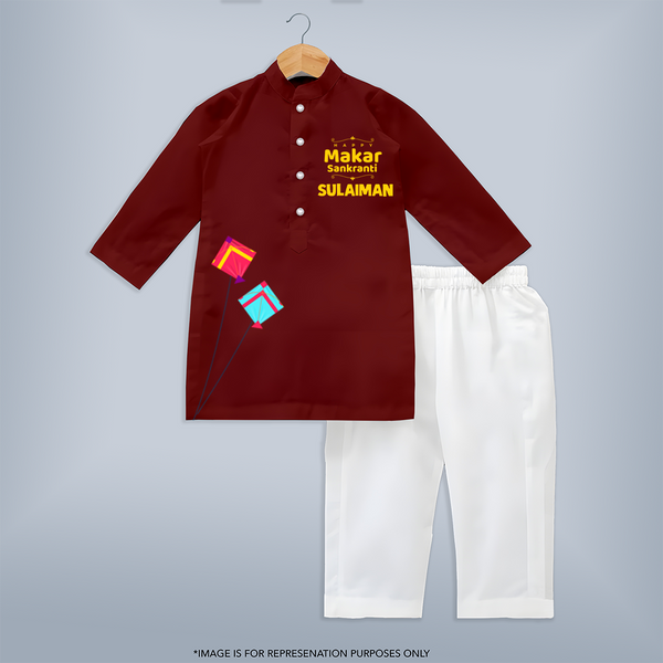 Happy Makar Sankranti | Customized Kurta with Name - MAROON - 3 - 6 Months Old (Chest 24", Kurta Length 14'', Waist 19", Pant Length 14")