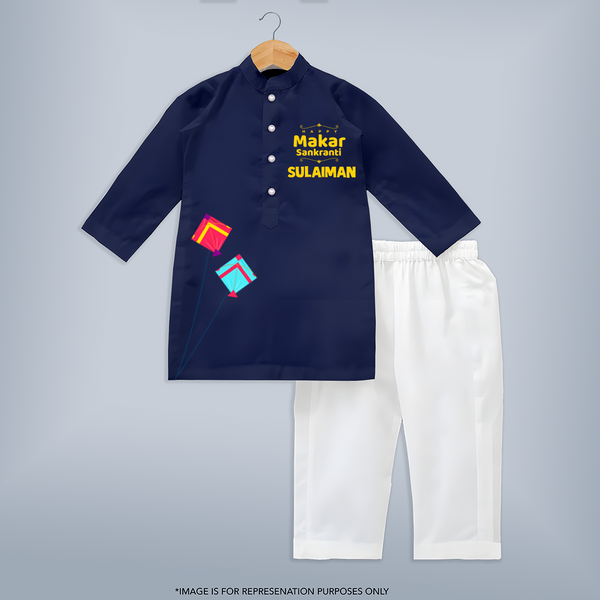 Happy Makar Sankranti | Customized Kurta with Name - NAVY BLUE - 3 - 6 Months Old (Chest 24", Kurta Length 14'', Waist 19", Pant Length 14")