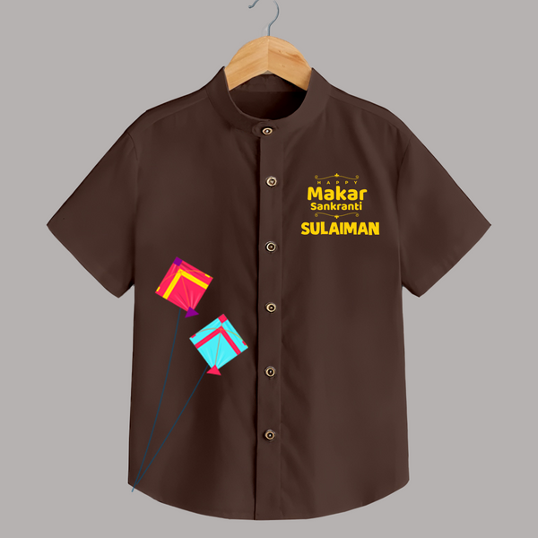 Happy Makar Sankranti | Customized Shirt with Name - CHOCOLATE BROWN - 0 - 6 Months Old (Chest 23")