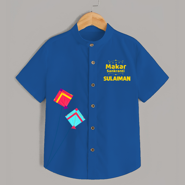 Happy Makar Sankranti | Customized Shirt with Name - COBALT BLUE - 0 - 6 Months Old (Chest 23")