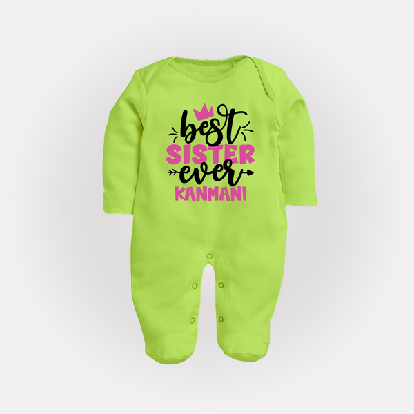 Best Sister Ever Sleep Suit/ Full Sleeve Bodysuit | Custom Sleep Suit/ Full Sleeve Bodysuit for the Ultimate Sister - LIME GREEN - New Born (Chest 7.5")