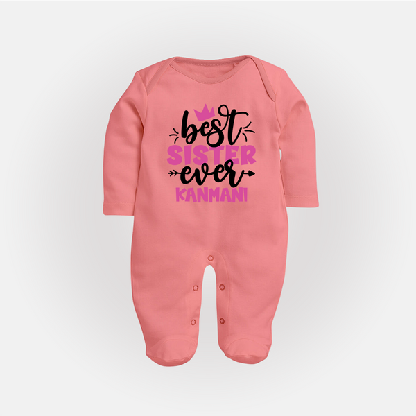 Best Sister Ever Sleep Suit/ Full Sleeve Bodysuit | Custom Sleep Suit/ Full Sleeve Bodysuit for the Ultimate Sister - PEACH - New Born (Chest 7.5")