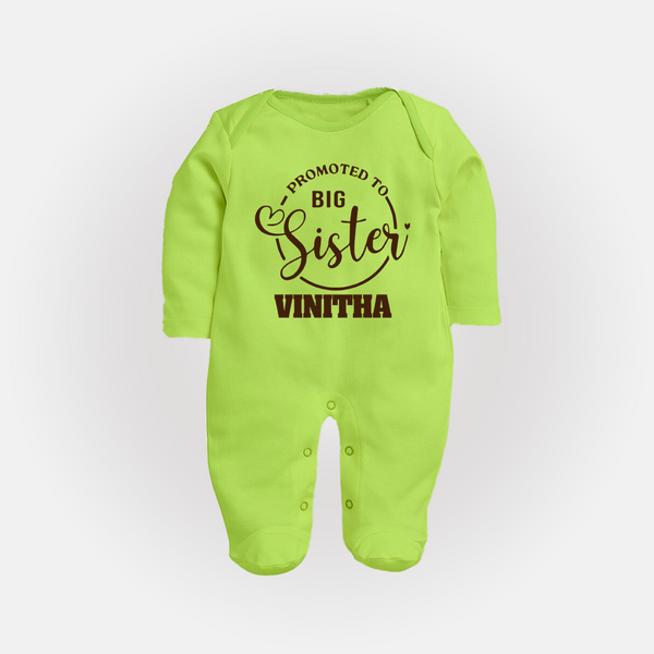Promoted To Big Sister Sleep Suit/ Full Sleeve Bodysuit | Custom Sleep Suit/ Full Sleeve Bodysuit for the New Big Sister - LIME GREEN - New Born (Chest 7.5")