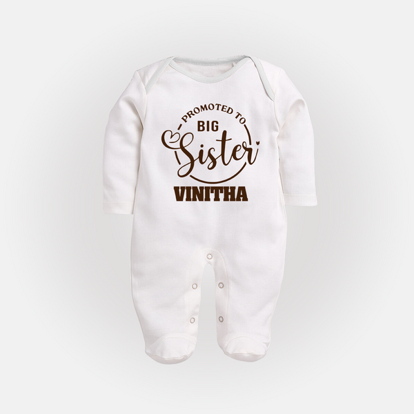 Promoted To Big Sister Sleep Suit/ Full Sleeve Bodysuit | Custom Sleep Suit/ Full Sleeve Bodysuit for the New Big Sister - WHITE - New Born (Chest 7.5")